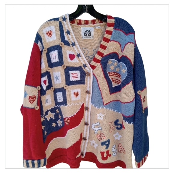 Vintage Sweater America USA Storybook Knits Star Button Up Red White Blue 2X - Picture 1 of 10